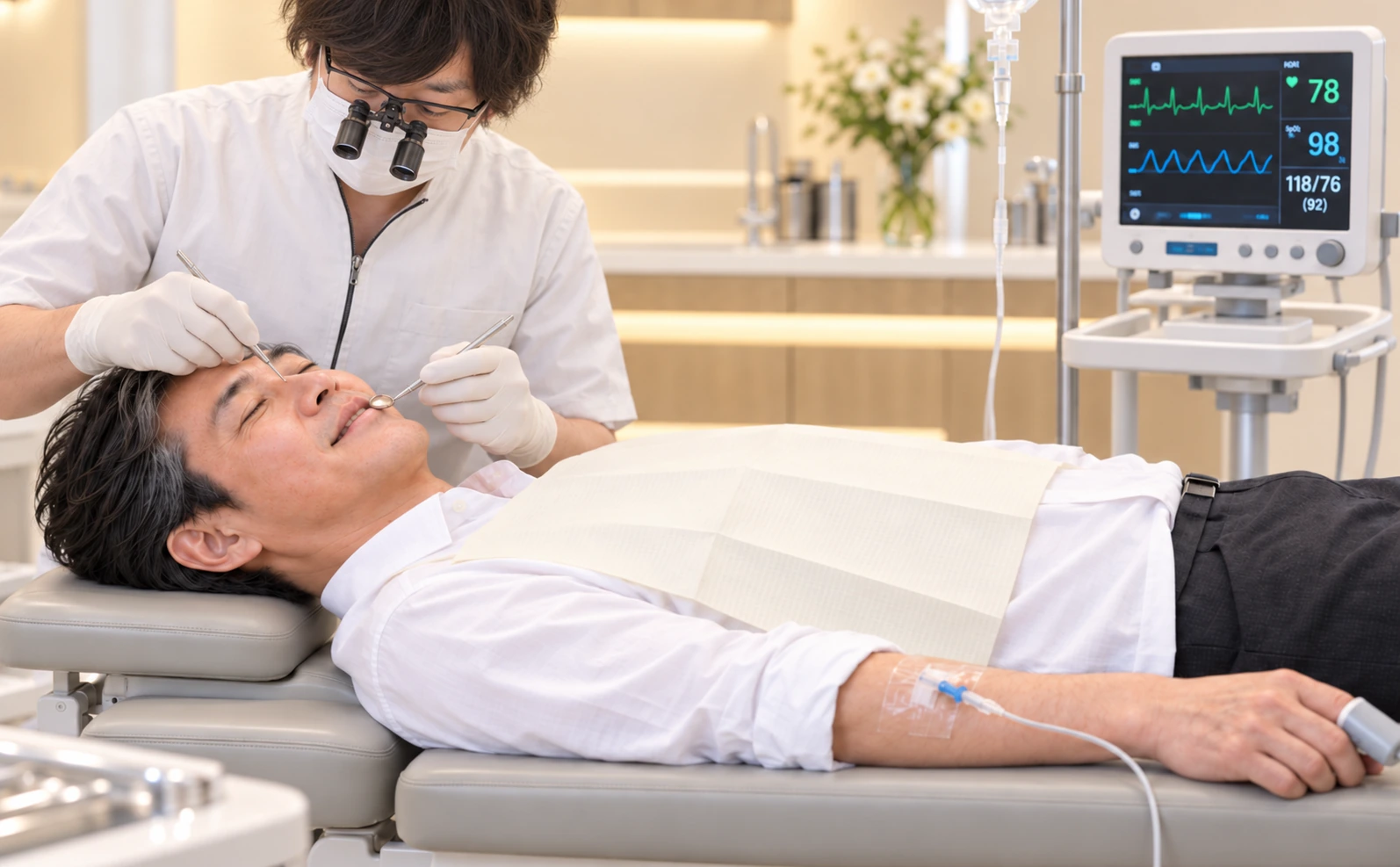 ルーペを装着した歯科医師が、水平に寝た男性の歯科治療を行うイメージ