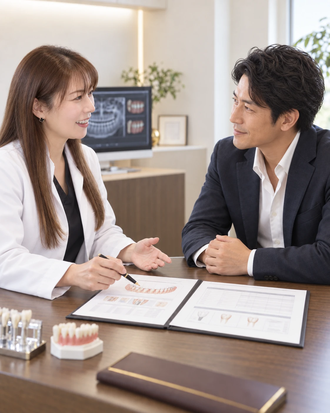 女性歯科医師と男性患者が向き合って治療計画を相談するイメージ